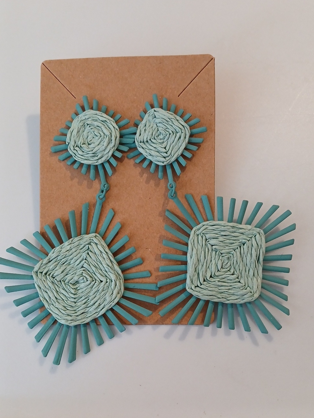 Turquoise Raffia Statement Dangle Earrings - Picture 2 of 4